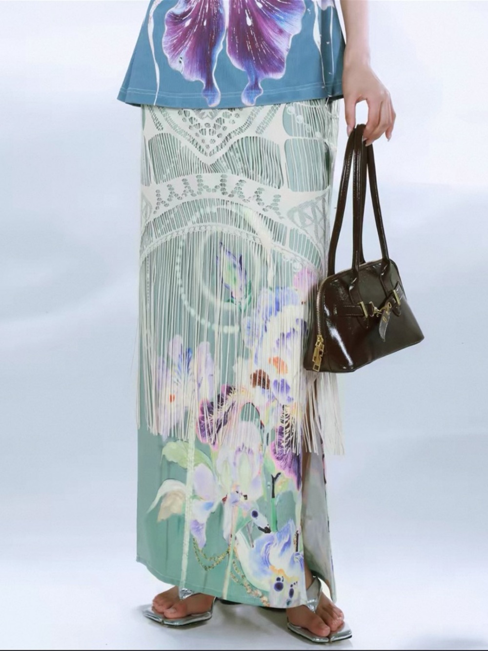 Printed Fringe Maxi Skirt in Sage Green